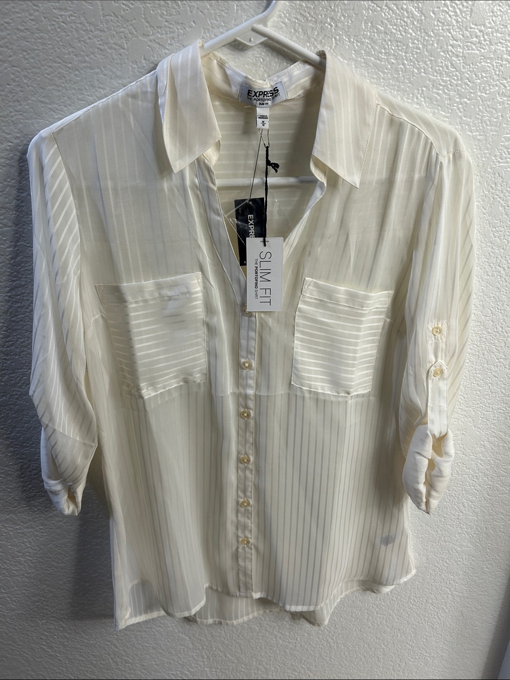 Express Sheer Cream Striped Roll-Tab Button Down Shirt